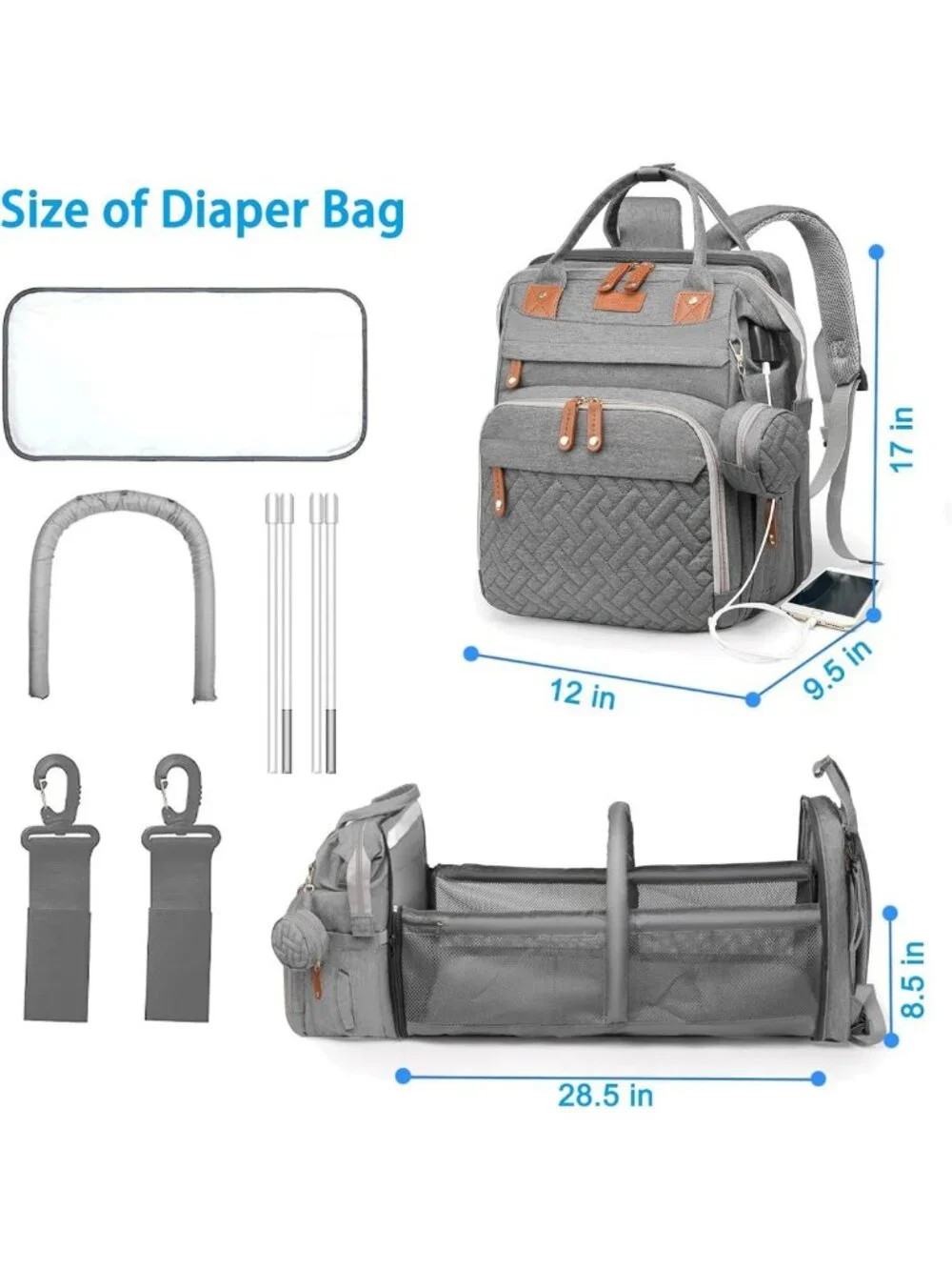 Stylish Waterproof Diaper Bag Backpack with Changing Station, USB Port